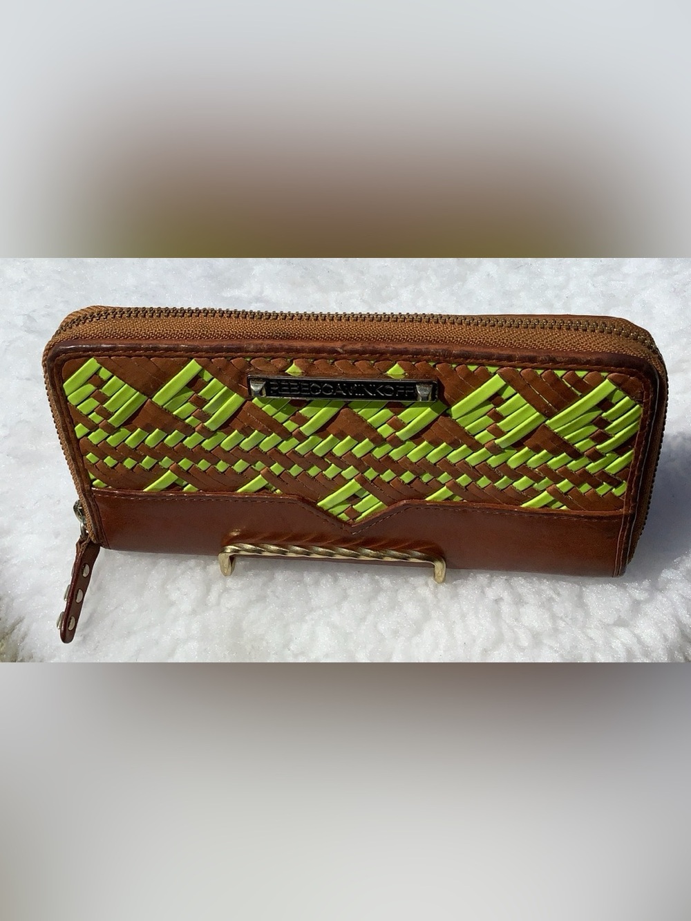Rebecca Minkoff Brown & Neon Green Woven Leather Wallet